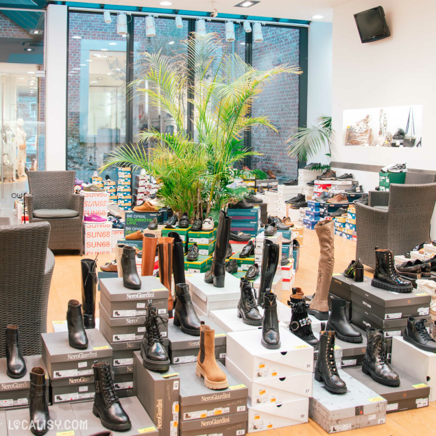 Une section de la boutique avec un grand choix de bottes et de chaussures, exposées dans un cadre moderne et lumineux avec de grandes fenêtres et une décoration végétale ajoutant une touche naturelle.