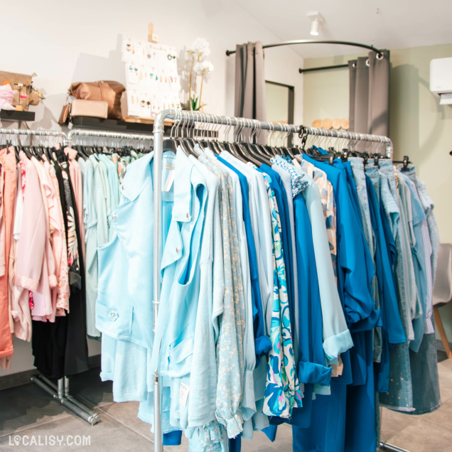 Sélection de vêtements bleus exposés sur un portant dans la boutique Belles en XL à Nandrin, spécialisée dans la mode grande taille.