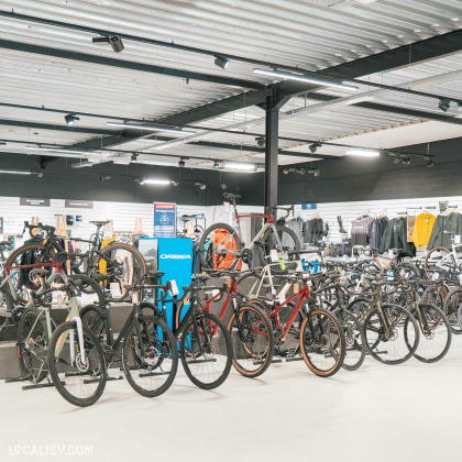 Un espace dédié aux vélos de route et gravel, avec des modèles haut de gamme exposés sur des supports. À l’arrière-plan, des équipements et accessoires pour cyclistes, dont des vêtements techniques et des pièces détachées, sont disposés sur des étagères.
