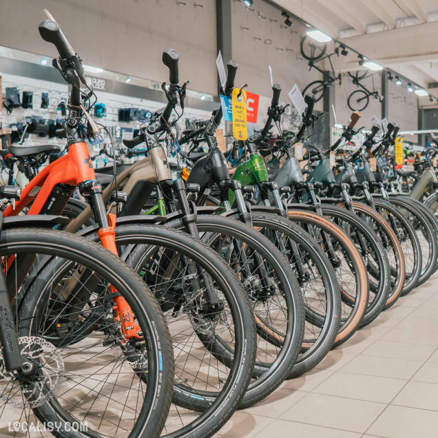 Une vue rapprochée des vélos électriques urbains alignés en rangée. Différentes couleurs et modèles sont disponibles, avec des étiquettes indiquant les caractéristiques et les prix. En arrière-plan, un mur d’accessoires comprenant des sacoches et équipements pratiques pour les déplacements en ville.