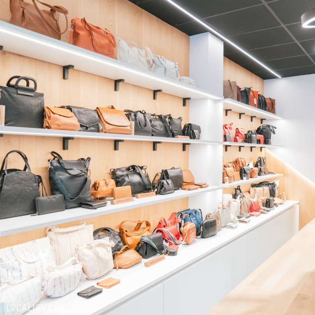 Rayons de bagages Samsonite exposés dans le magasin Peau d’âne à Spa, commerce de maroquinerie et bagagerie.