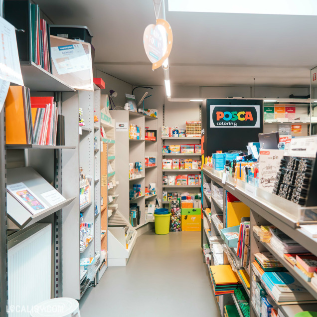 Allée d’un magasin de fournitures scolaires et de loisirs créatifs, avec des étagères pleines de cahiers, feutres, colles, stylos et autres articles, et une enseigne “POSCA coloring” en fond.